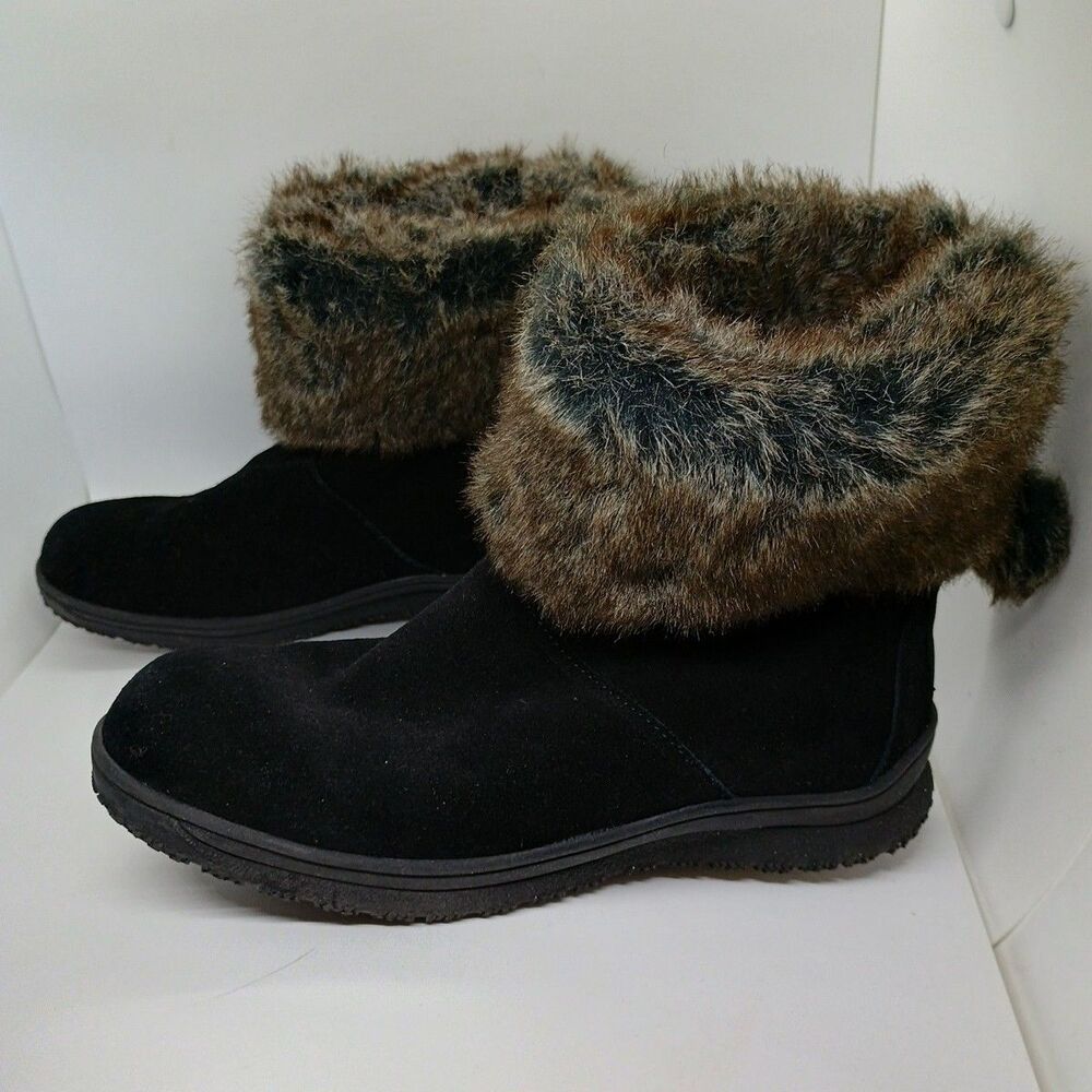 MINNETONKA Suede Ankle Boots Faux Fur Lined Black Womens Sz 8M Style#85240 - Picture 2 of 9